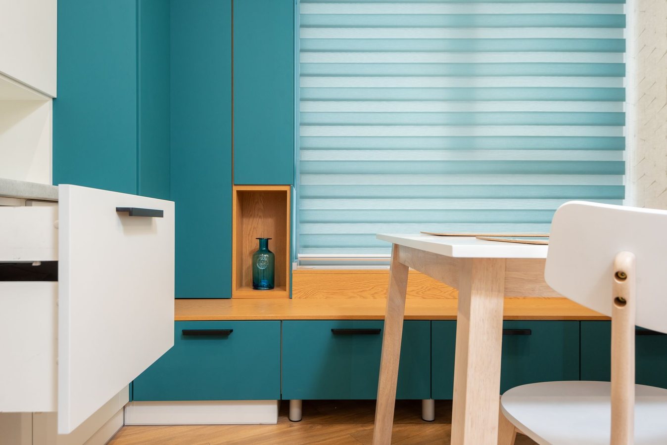 Woodworker assembling custom shelving unit with precision joinery